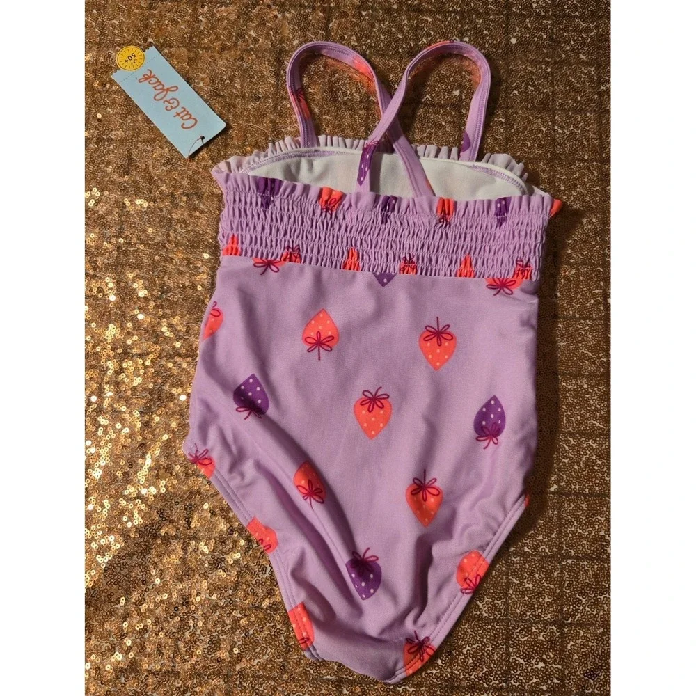 Cat & Jack Girls Purple‎ Strawberry Smocked One Piece Swimsuit UPF 50+ Size 3T